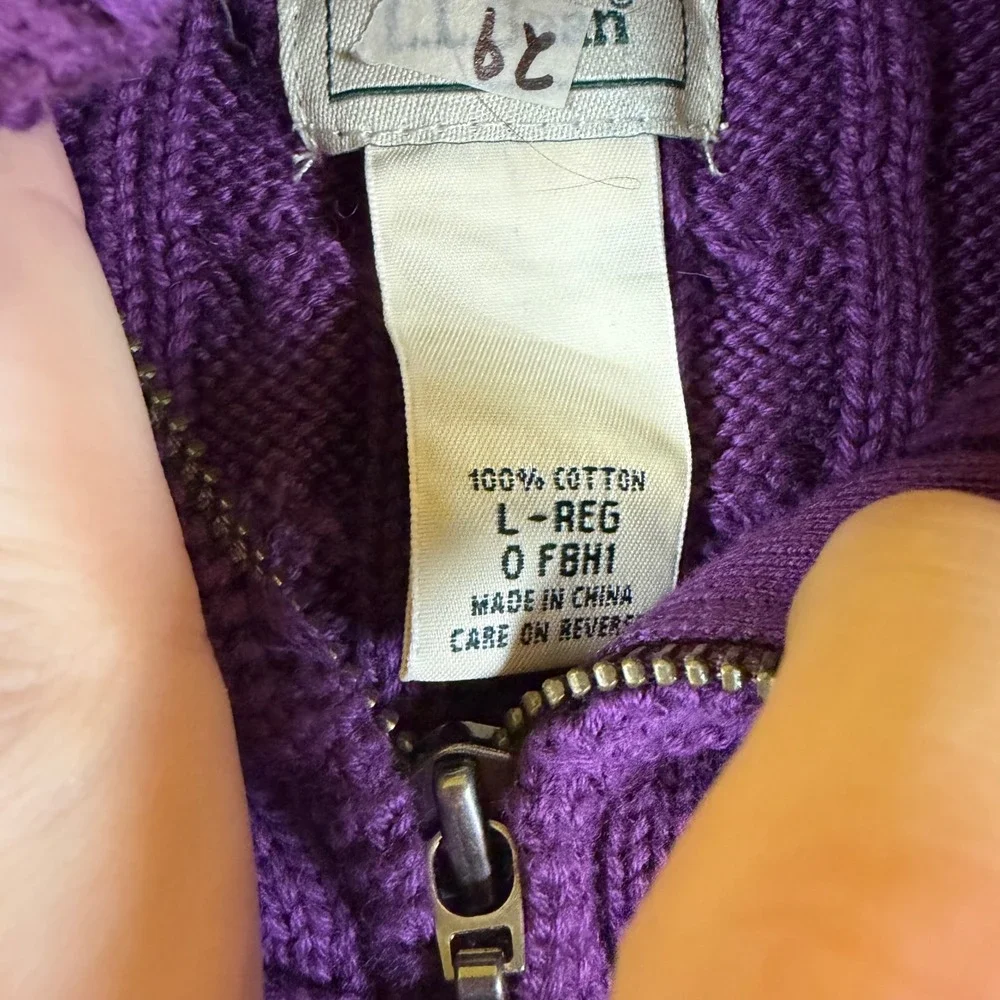 LL Bean Mens Large Purple Cable Knit Full Zip Cotton Sweater Mock Neck Cardigan